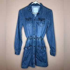 Silvian Heach Denim Cargo 100% Cotton Mini Dress Shirred Waist Button Up Size XS